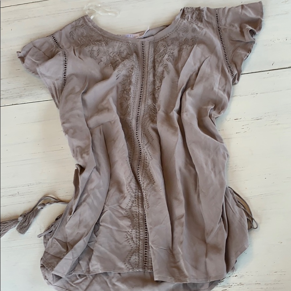 Tan embroidered flutter sleeve top
